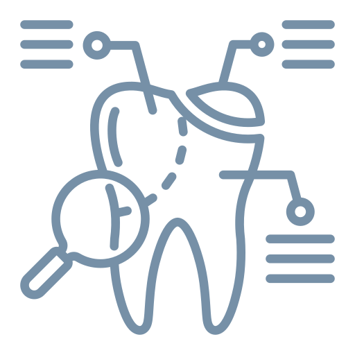 Outline of a tooth with a magnifying glass and digital lines, representing dental research or examination.