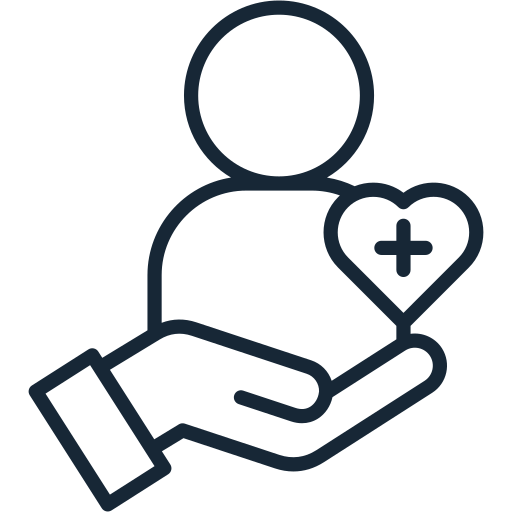 Outline of a person with a heart and cross symbol inside, held by a hand.