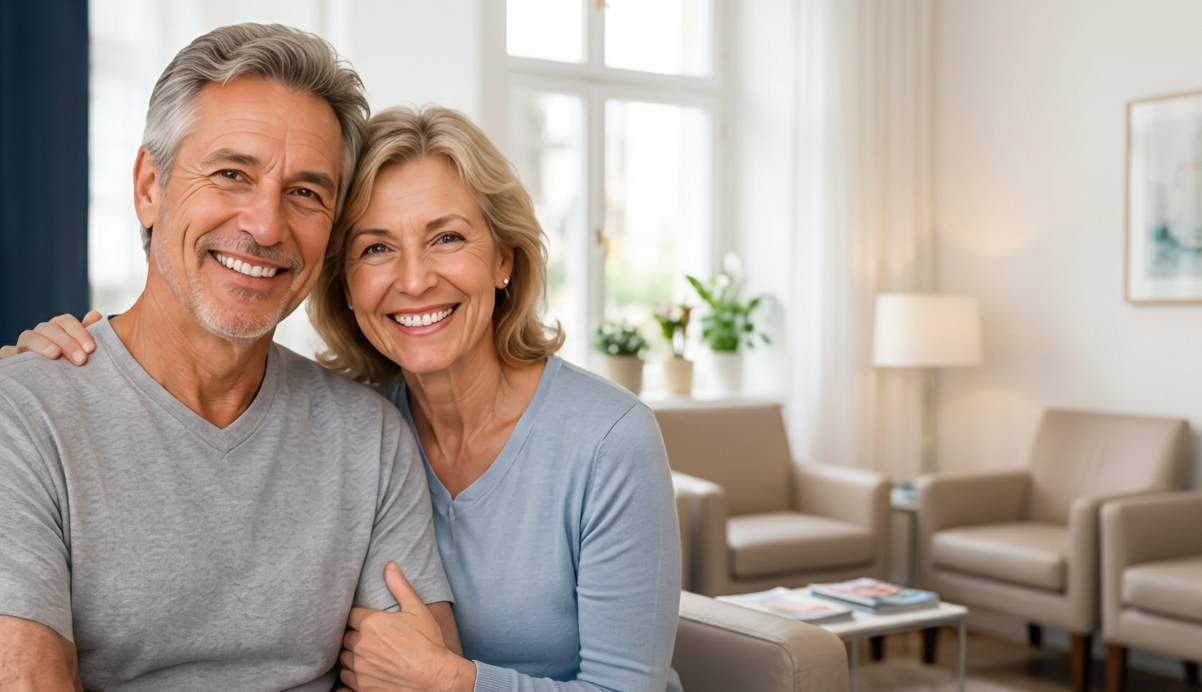 An older couple smiling and sitting together in a bright living room with large windows, beige chairs, a table with magazines, and houseplants in the background.