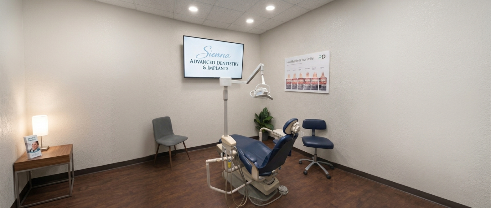 A dental examination room with a dental chair, a monitor that reads 'Sienna Advanced Dentistry & Implants', a small table with a brochure and lamp, a gray chair, a blue stool, a dental light, a poster about healthy smiles, and a potted plant.