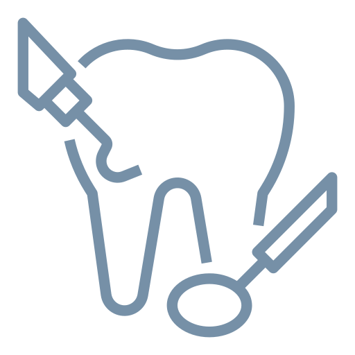 Line art illustration of a tooth with dental tools including a mirror and a probe.