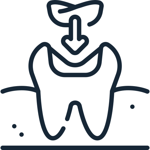 Line drawing of a tooth being cleaned by a toothbrush with bubbles around it.