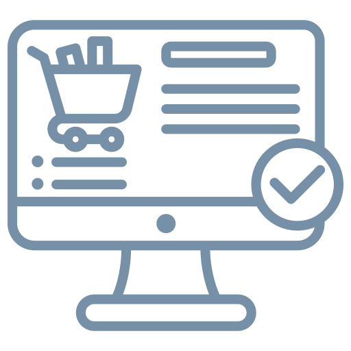 Computer screen displaying an online shopping cart with a checkmark or approval symbol.