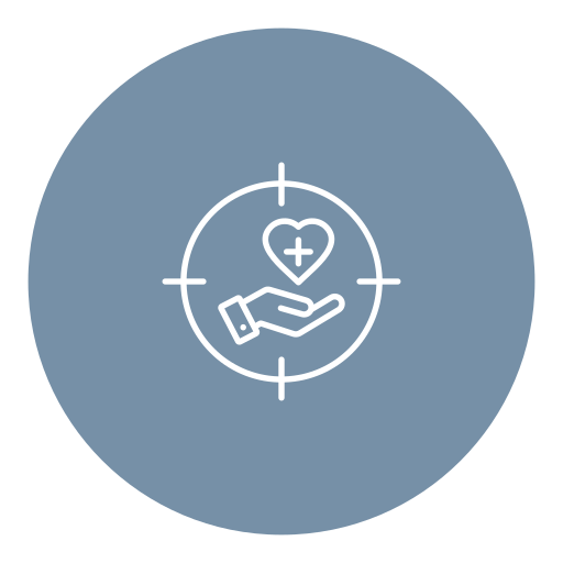 Icon of a hand holding a heart with a medical cross inside, within a target symbol.