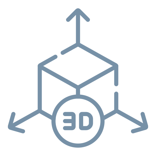 3D cube with arrows pointing outward in all directions and a circle labeled '3D' at the bottom center.