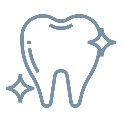 Outline of a shiny, clean tooth with sparkles around it.