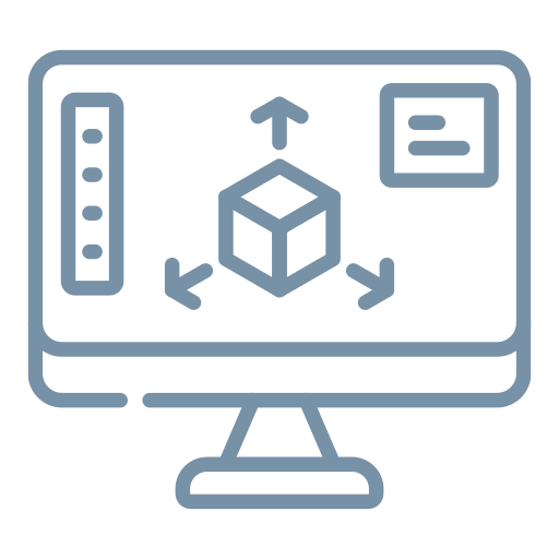 A computer screen displaying a 3D modeling or design software interface with a cube in the center, expansion arrows around it, a vertical toolbar on the left, and a smaller window on the top right.