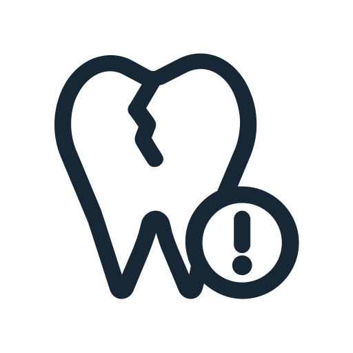Outlined tooth with a circle containing an exclamation mark.