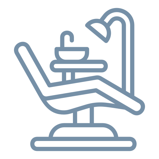 Line drawing of a dental chair with a sink, overhead light, and faucet.