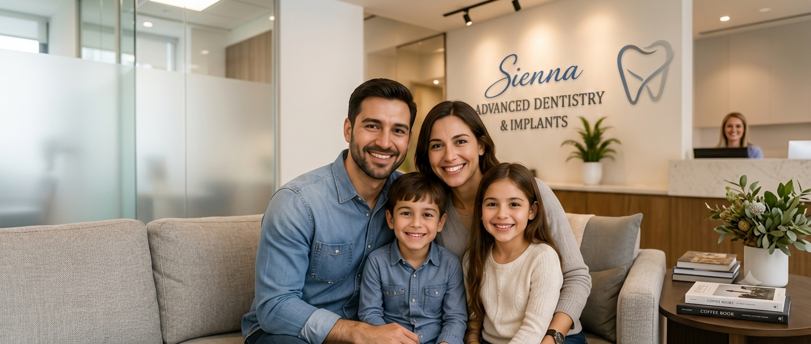 Happy family of four sitting on a couch at a dental office, smiling at the camera. The background shows the dental practice sign and reception area.