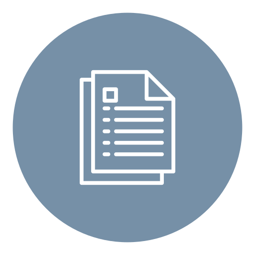 Icon of two stacked documents with a QR code and lines of text on a blue circular background.