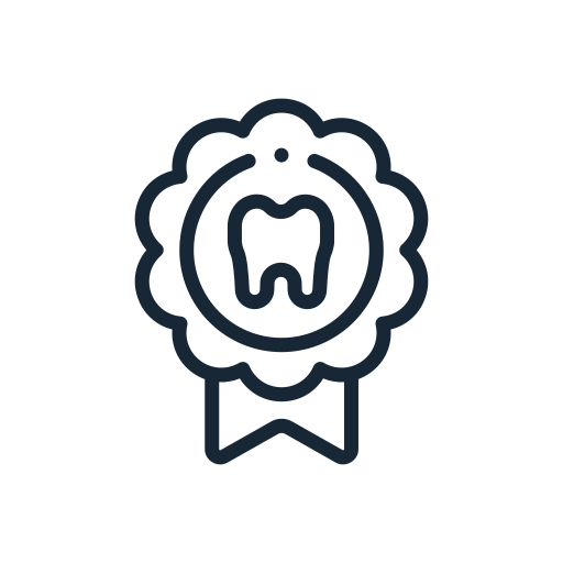 Icon of a tooth inside a badge with a ribbon, representing dental health or dentistry.
