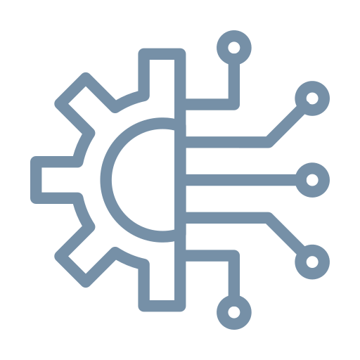 A digital icon combining a gear and circuit lines, representing technology or engineering.