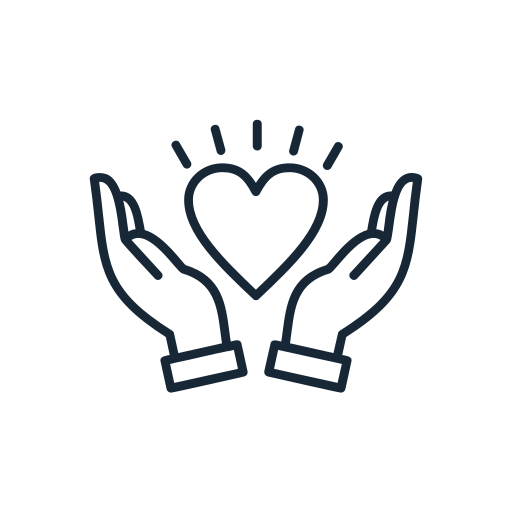Outline of two hands holding a heart surrounded by radiating lines.