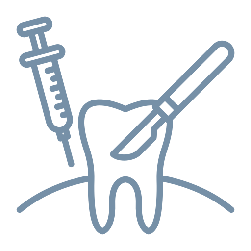 Illustration of a syringe and a dental mirror inside a tooth, representing dental or oral health treatment.
