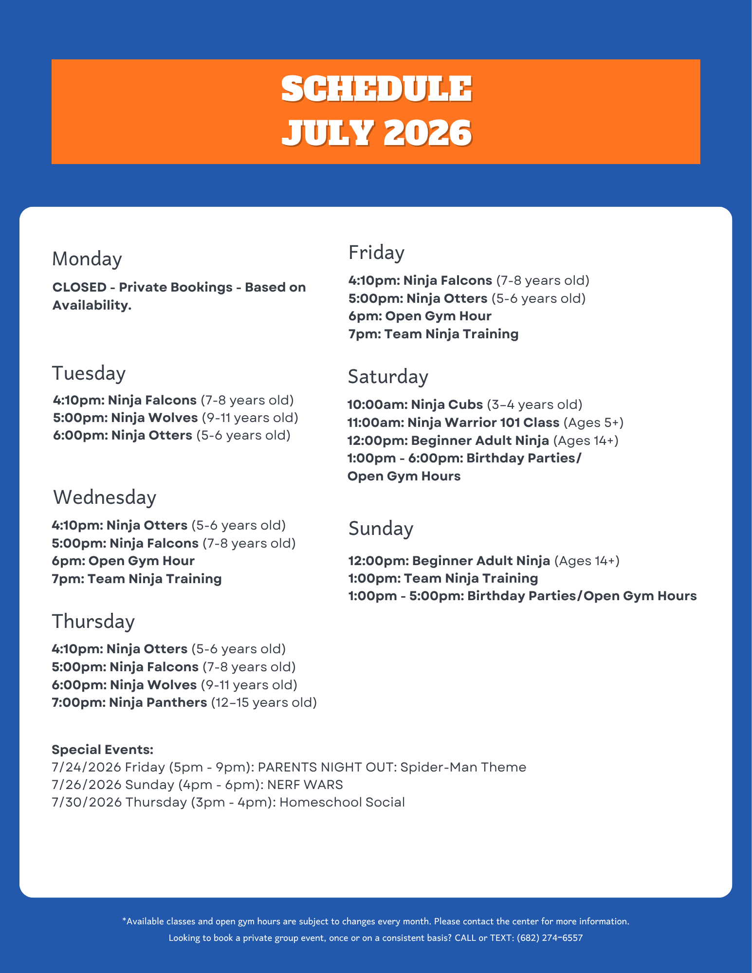 Amped Obstacles Class Schedule JULY 2026. THE BEST kids gym, indoor playground, and kids birthday party venue in grand prairie tx near dallas - DFWs top choice