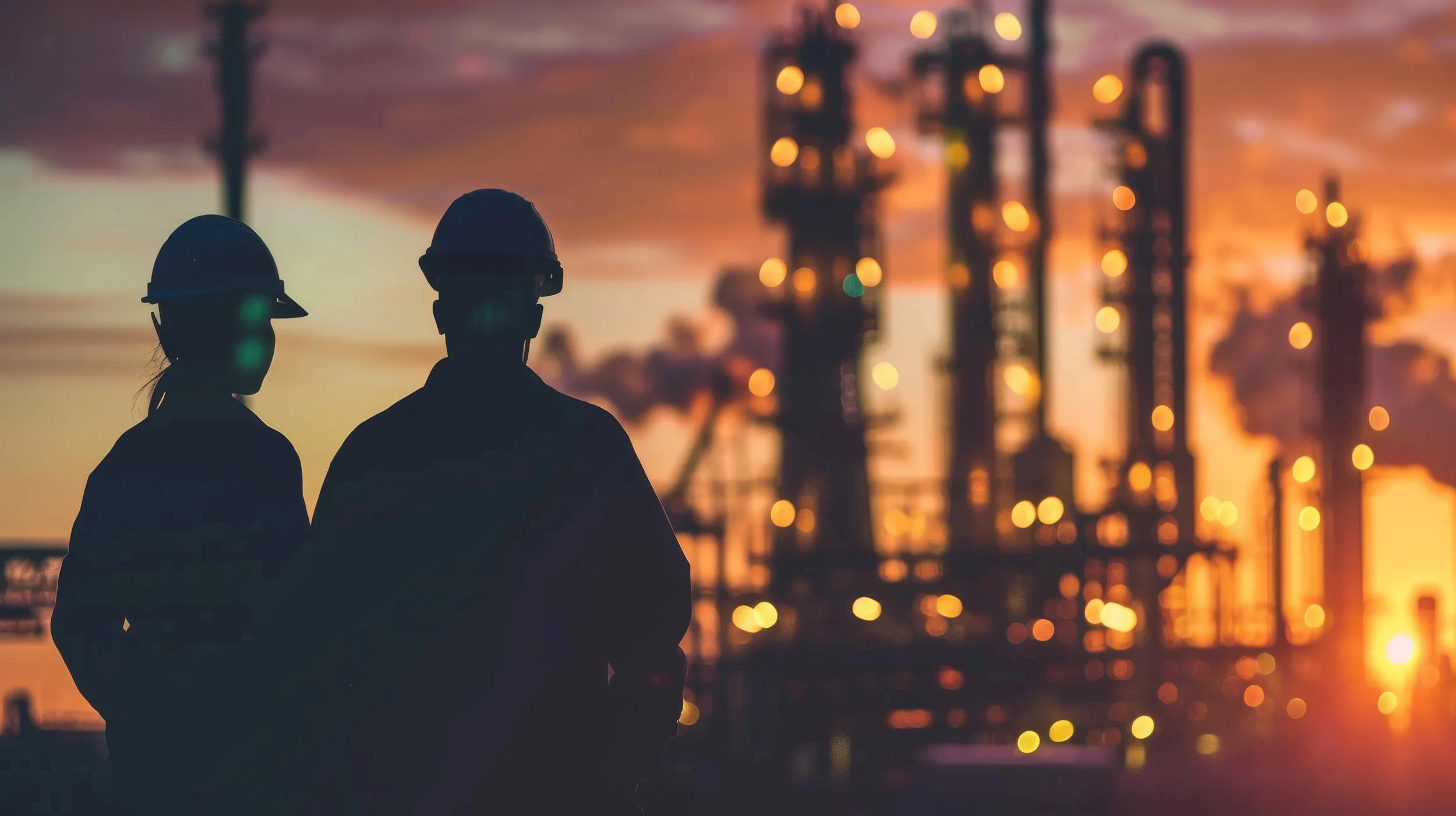 Silhouettes of two workers wearing safety helmets at dusk with industrial oil refinery structures and smokestacks emitting smoke in the background, illuminated by warm sunset colors.