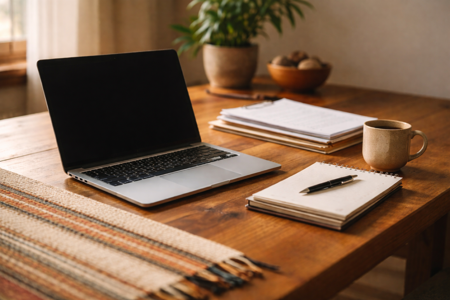 A wooden desk with a laptop, a notebook with a pen, a stack of papers, a mug, and a potted plant in a cozy home setting.