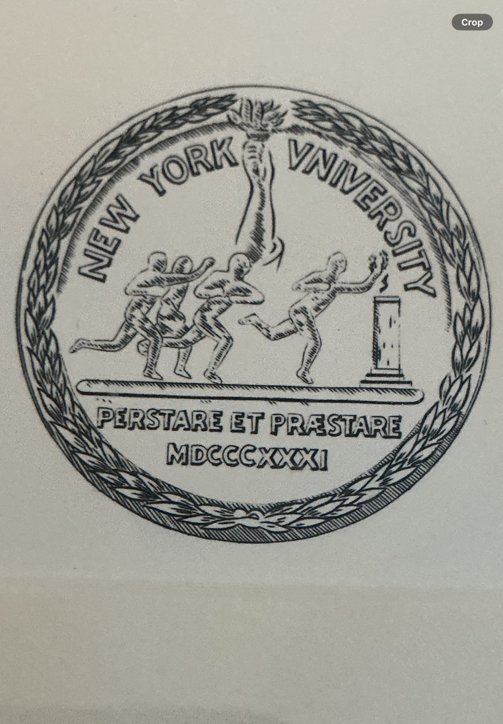 Seal with three runners and a flag pole, surrounded by a laurel wreath, inscribed with 'New York University' and the Latin phrase 'Perstare Et Praestare', and the Roman numerals 'MDCCXXVI'.