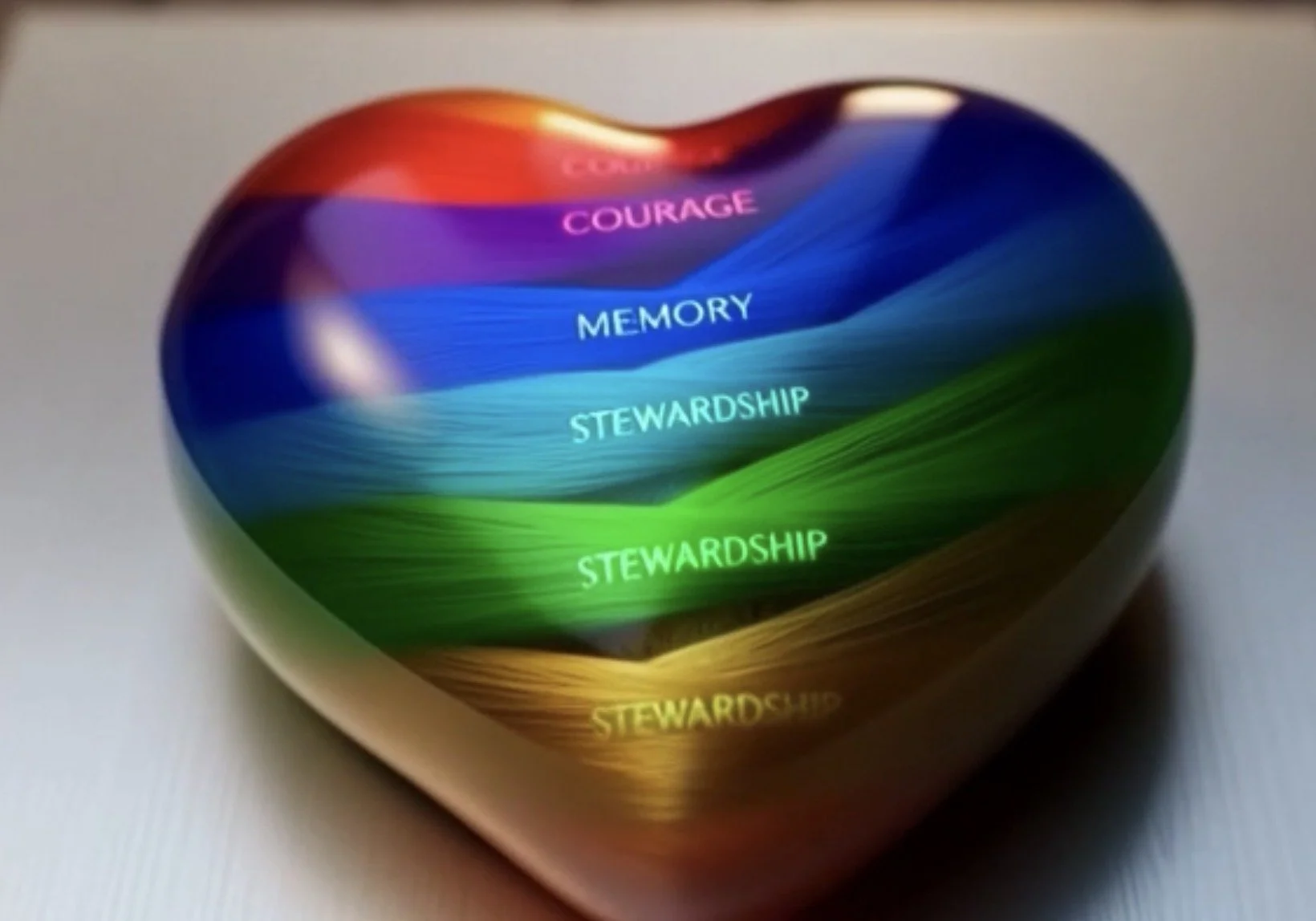 Colorful heart-shaped object with the words "courage," "memory," and "stewardship" written across it in different colors.