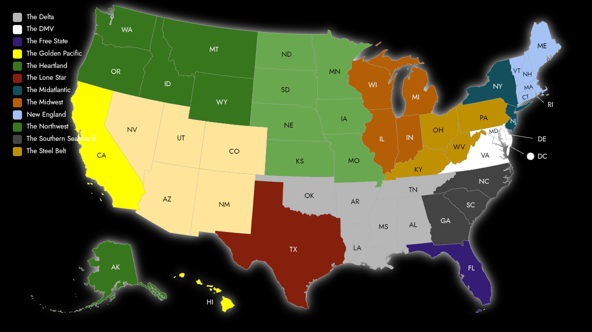 Map of the United States showing various regions colored differently: The Delta in purple, The DMV in dark blue, The Free State in light blue, The Golden Pacific in yellow, The Heartland in green, The Lone Star in red, The Midatlantic in black, The Midwest in orange, New England in light blue, The Northwest in dark green, The Southern Seaboard in dark gray, and The Steel Belt in yellow.