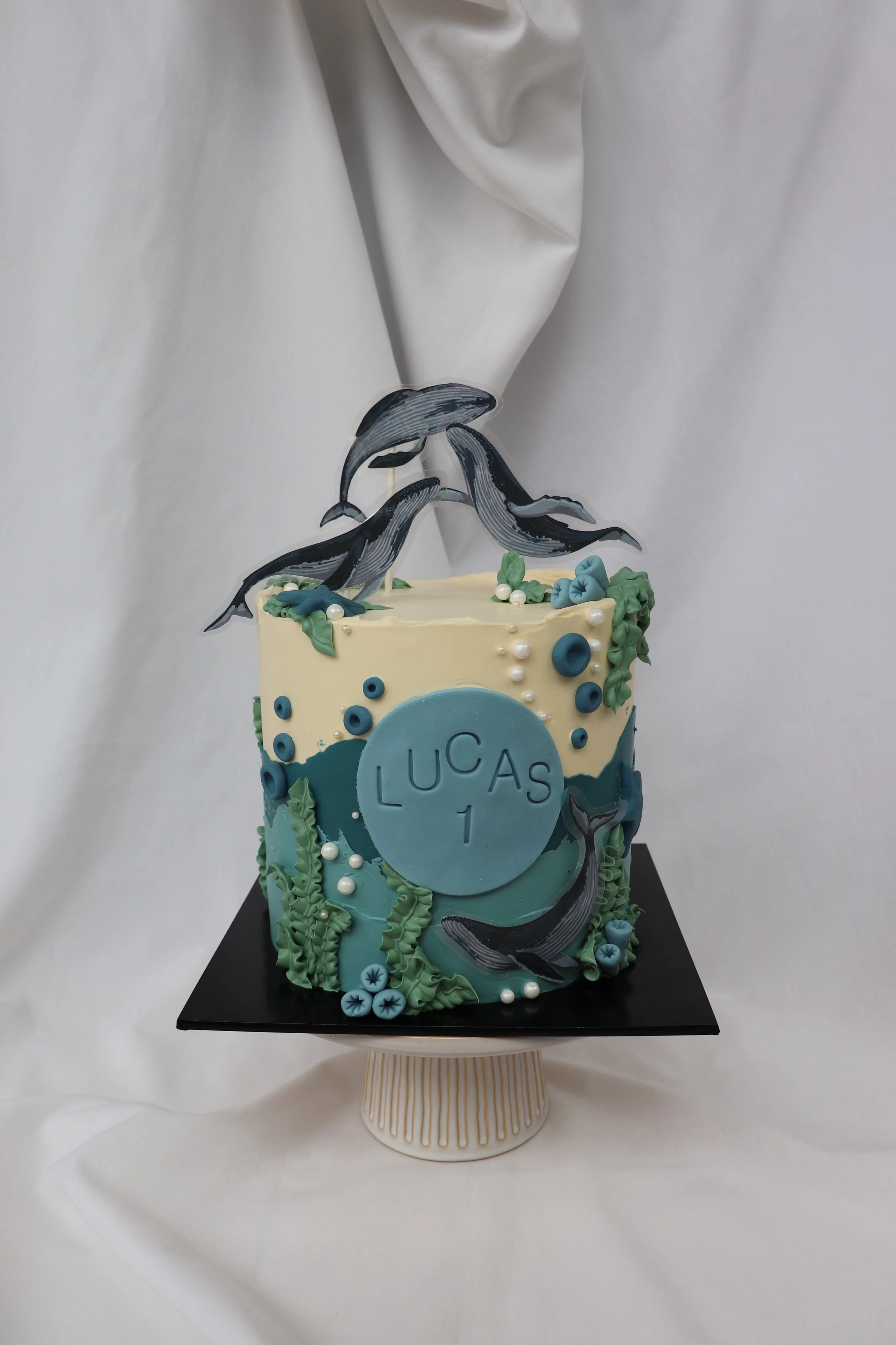 A birthday cake decorated with an aquatic theme featuring dolphins, seaweed, and bubbles, with a message for Lucas's first birthday.