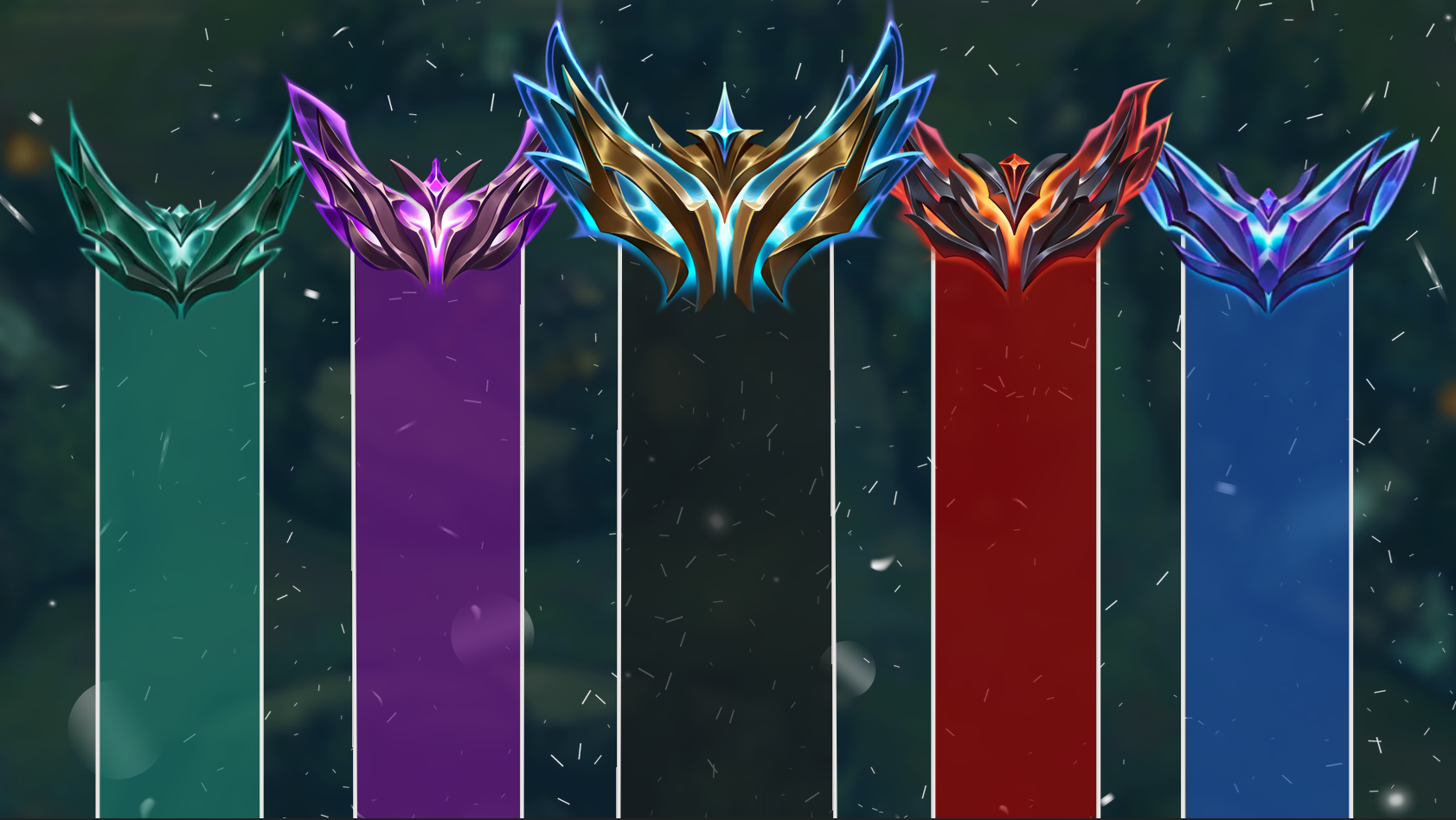 Colorful, stylized badges or rankings with intricate, glowing designs displayed above numbered columns on a dark background.