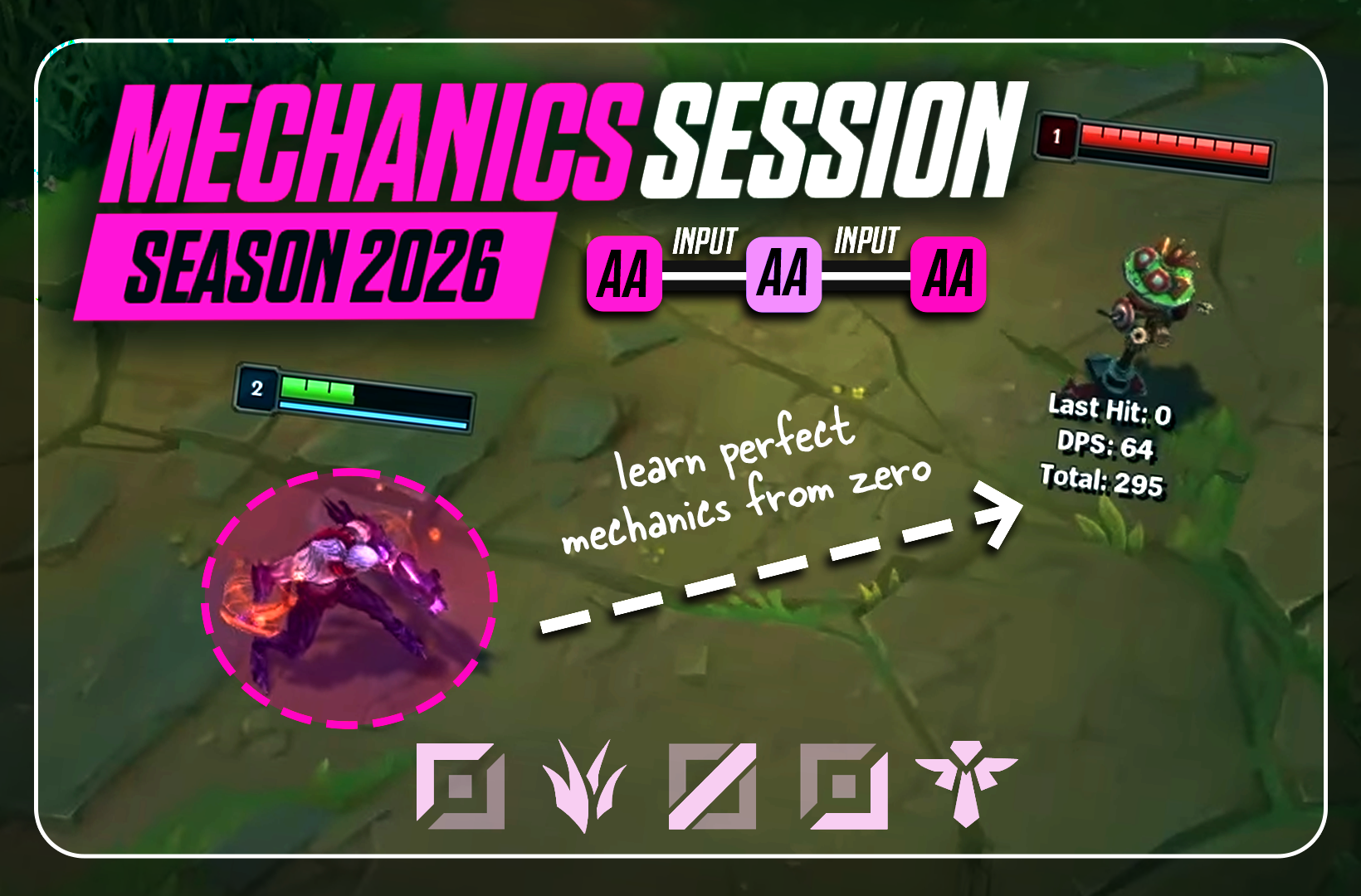 Screenshot of a video game tutorial overlay showing mechanics session for Season 2026 with a focus on learning perfect mechanics from zero. It features a character silhouette, input prompts labeled AA, progress bars, and text instructions with colorful text and icons.