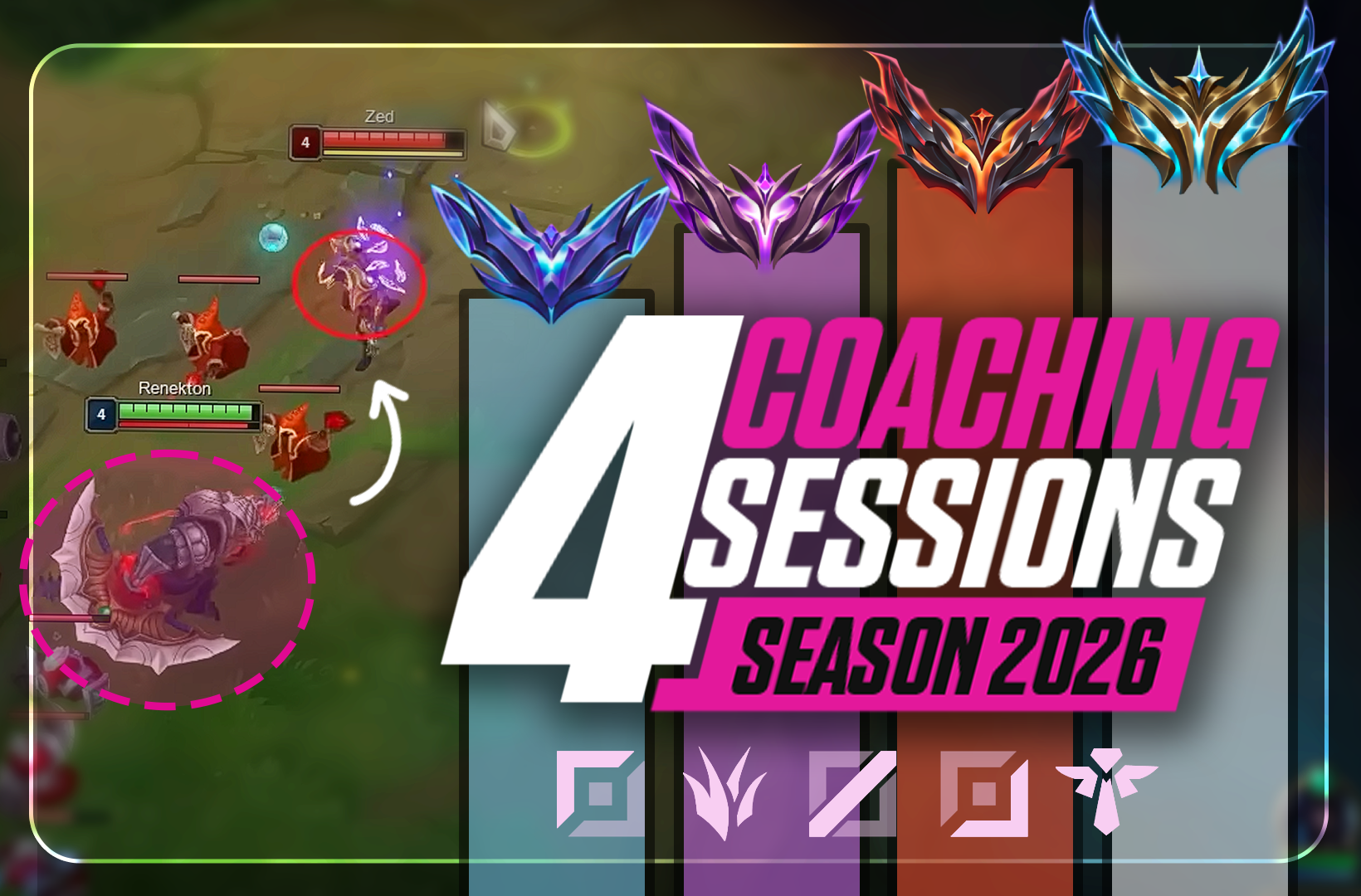 Overlay graphic for coaching sessions, season 2026, featuring colorful league ranks and a screenshot of a MOBA game with characters and health bars.