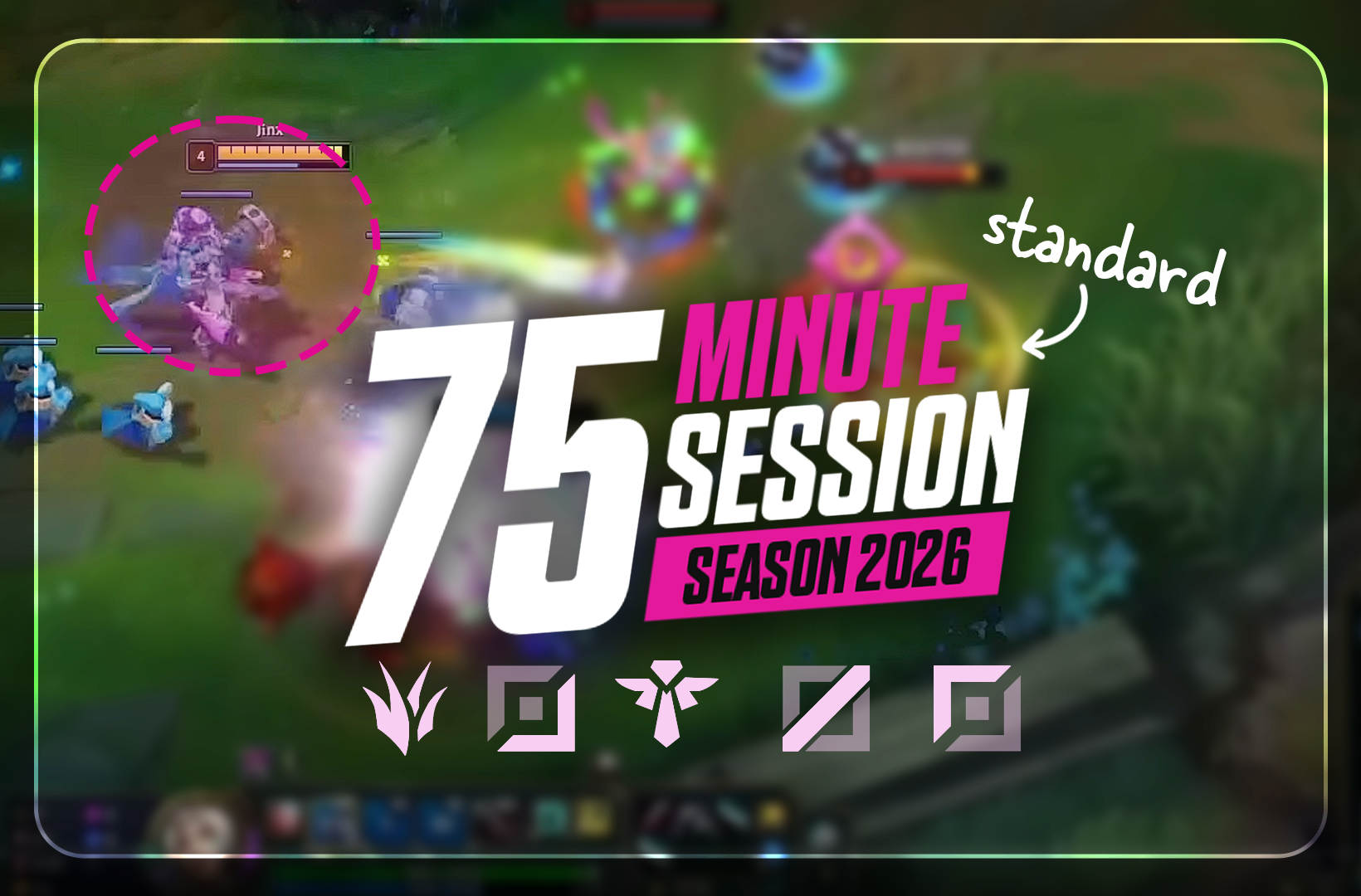 Promotional graphic for a gaming session titled '75 Minute Session Season 2026' with a blurred gaming background, pink and white text, and icons at the bottom. An annotation points to the background, labeling it as 'standard'.