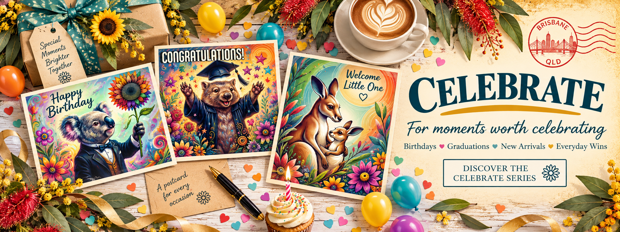 Vintage-style Celebrate Series banner featuring colourful DFMP birthday, graduation and new arrival postcards with balloons, confetti, native Australian flowers and celebration details.