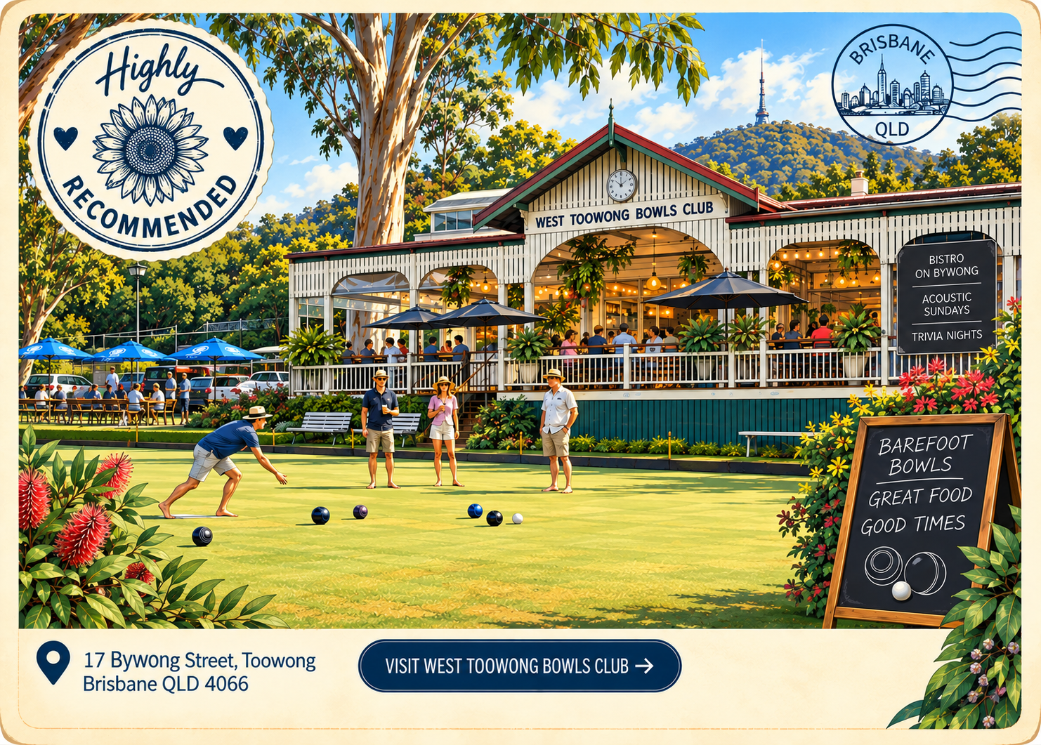 Vintage-style illustration of West Toowong Bowls Club in Toowong, Brisbane, with lawn bowls, the clubhouse and Mt Coot-tha in the background, featured as a DFMP highly recommended local venue.