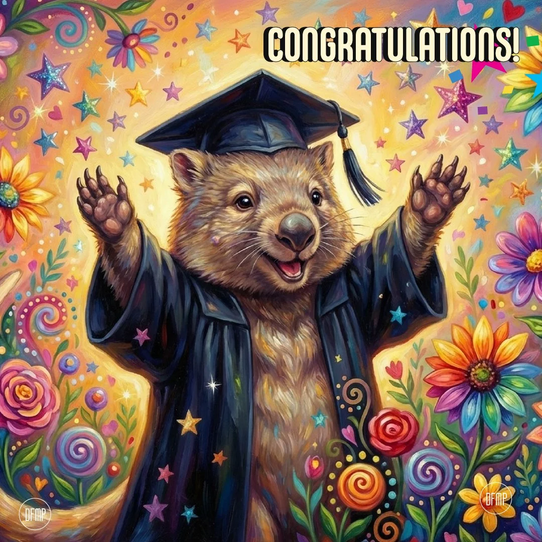 Colourful congratulations card featuring a smiling wombat wearing a graduation gown and cap surrounded by flowers and stars