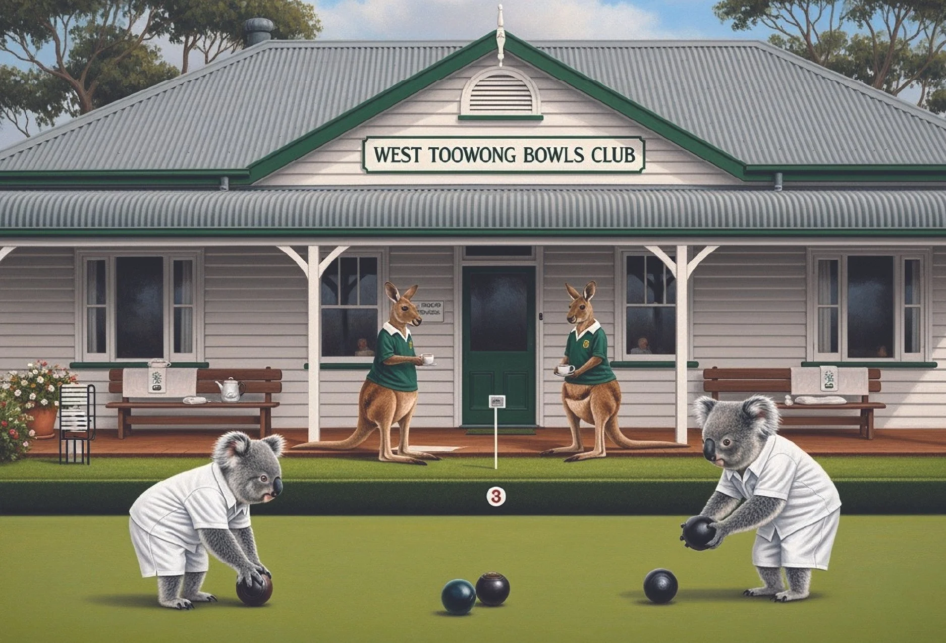 Illustrated postcard featuring Australian animals playing lawn bowls outside West Toowong Bowls Club in Brisbane