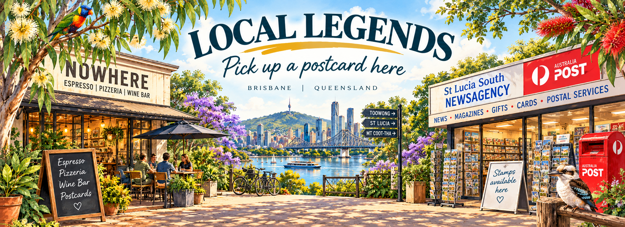 Vintage-style Brisbane illustration featuring Nowhere Espresso and St Lucia South Newsagency, two local businesses where Don’t Forget My Postcard postcards are available.