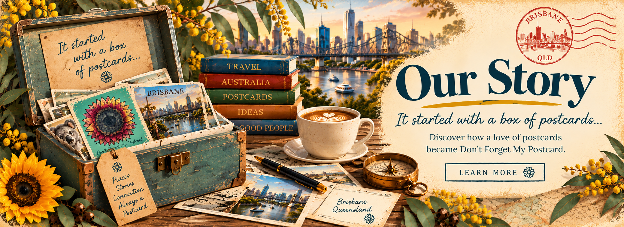 Vintage-style illustration featuring a box of postcards, Brisbane scenery, sunflowers and travel keepsakes for the Don’t Forget My Postcard story.