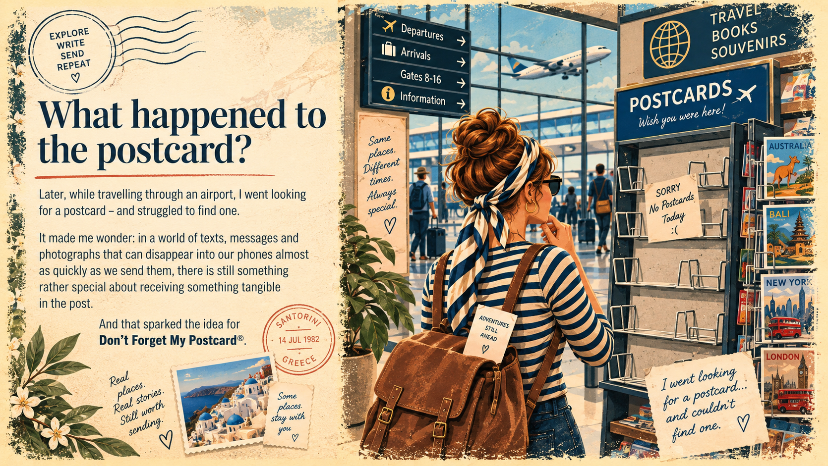 Vintage-style airport illustration showing a traveller searching an empty postcard rack, reflecting the difficulty of finding postcards and inspiring the idea for Don’t Forget My Postcard®