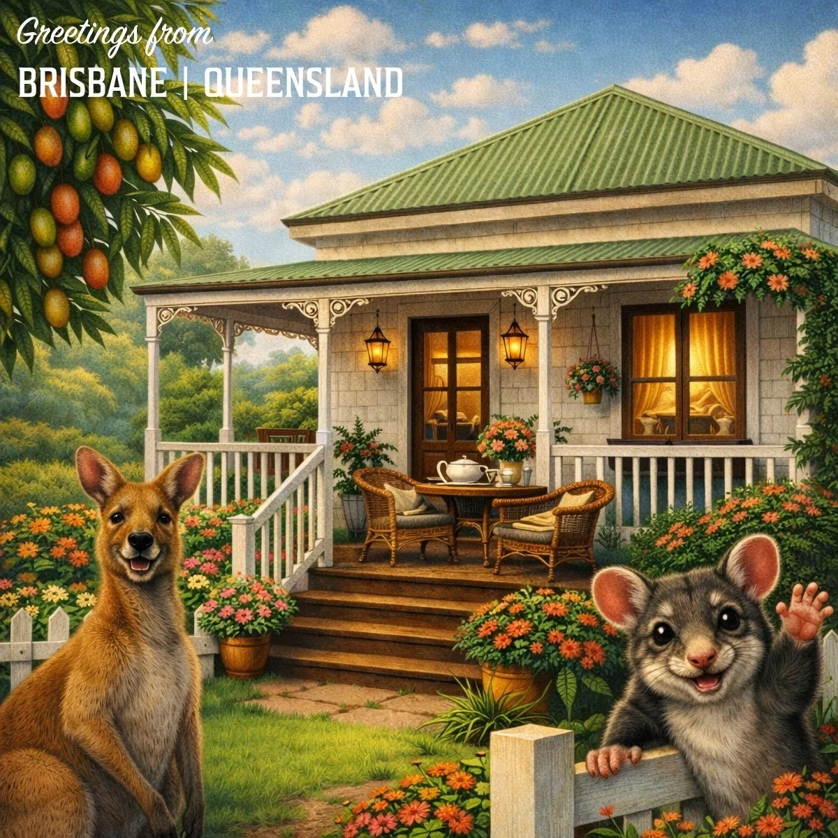 Illustrated Brisbane Queensland postcard featuring a Queenslander house, kangaroo and possums in a lush garden setting