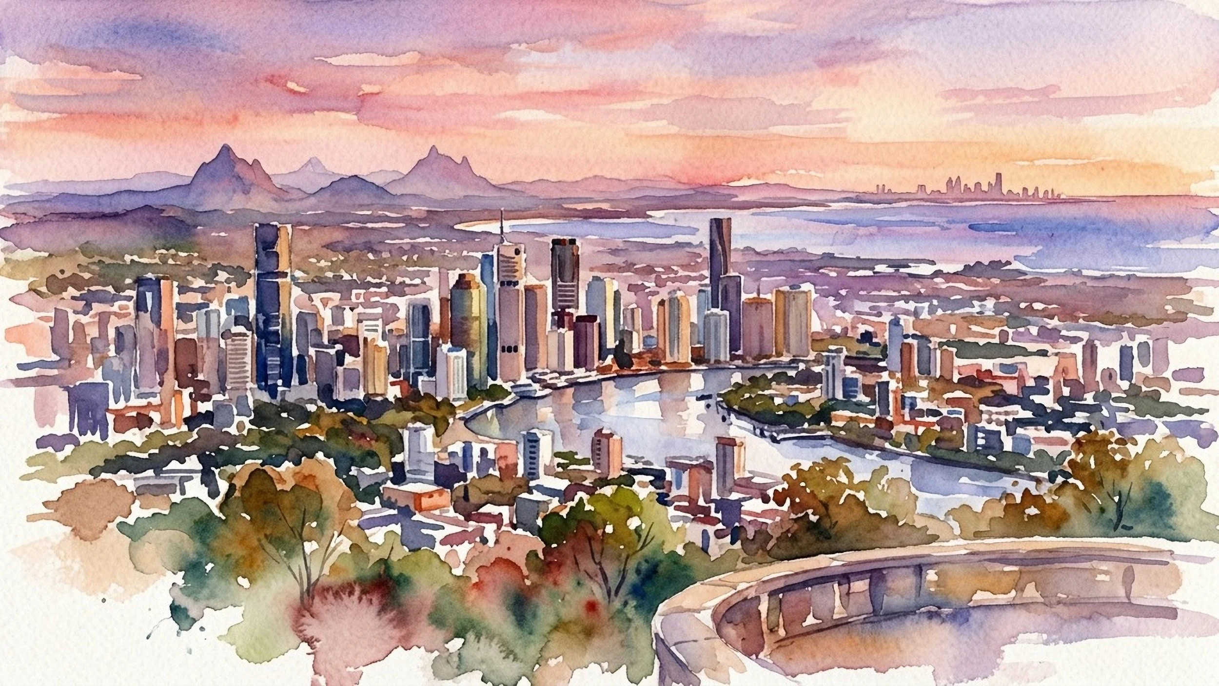 Watercolour-style Brisbane skyline postcard viewed from Mount Coot-tha at sunset