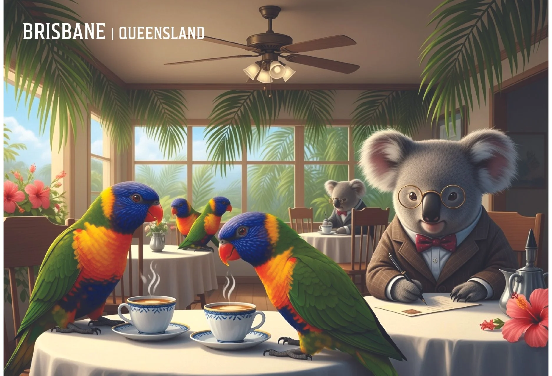 Illustrated scene featuring a koala and rainbow lorikeets writing postcards and sharing ideas in a tropical café setting