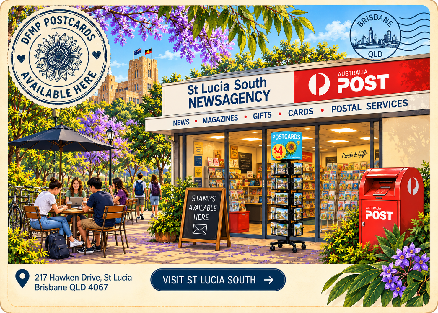 Illustrated postcard of St Lucia South Newsagency and Australia Post in Brisbane, with DFMP postcard display, red post box, students and the nearby university campus.
