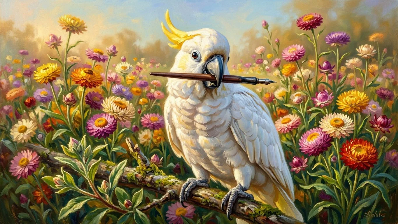A sulphur crested cockatoo holds a pen for you