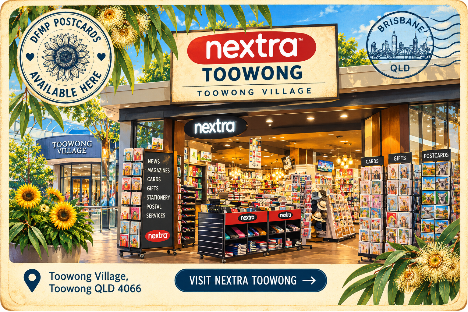 Illustrated postcard of Nextra Newsagency Toowong in Brisbane.