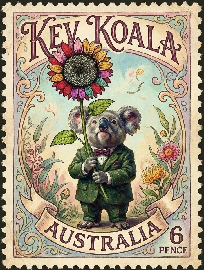 Kev Koala holding a sunflower