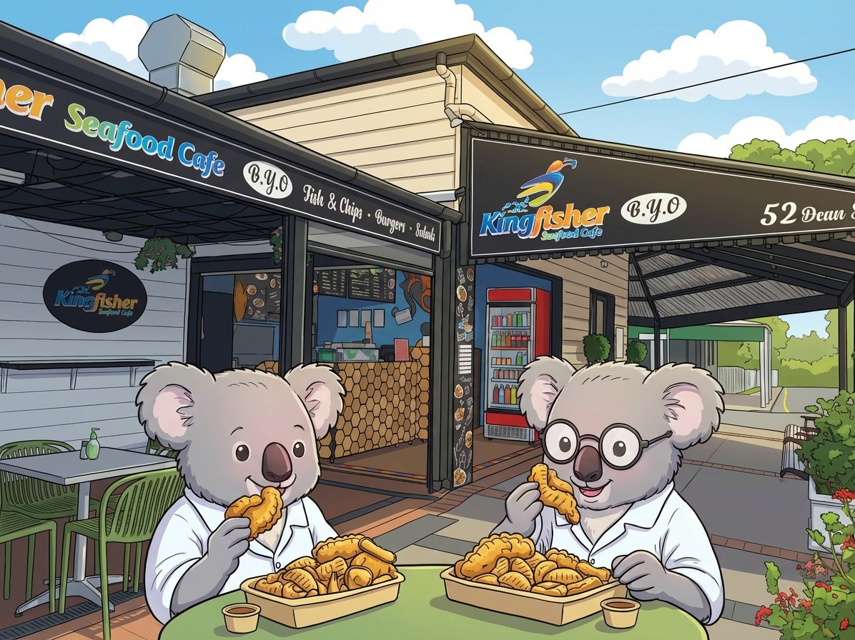 Illustrated Brisbane seafood café postcard featuring koalas eating fish and chips outside Kingfisher Seafood Cafe