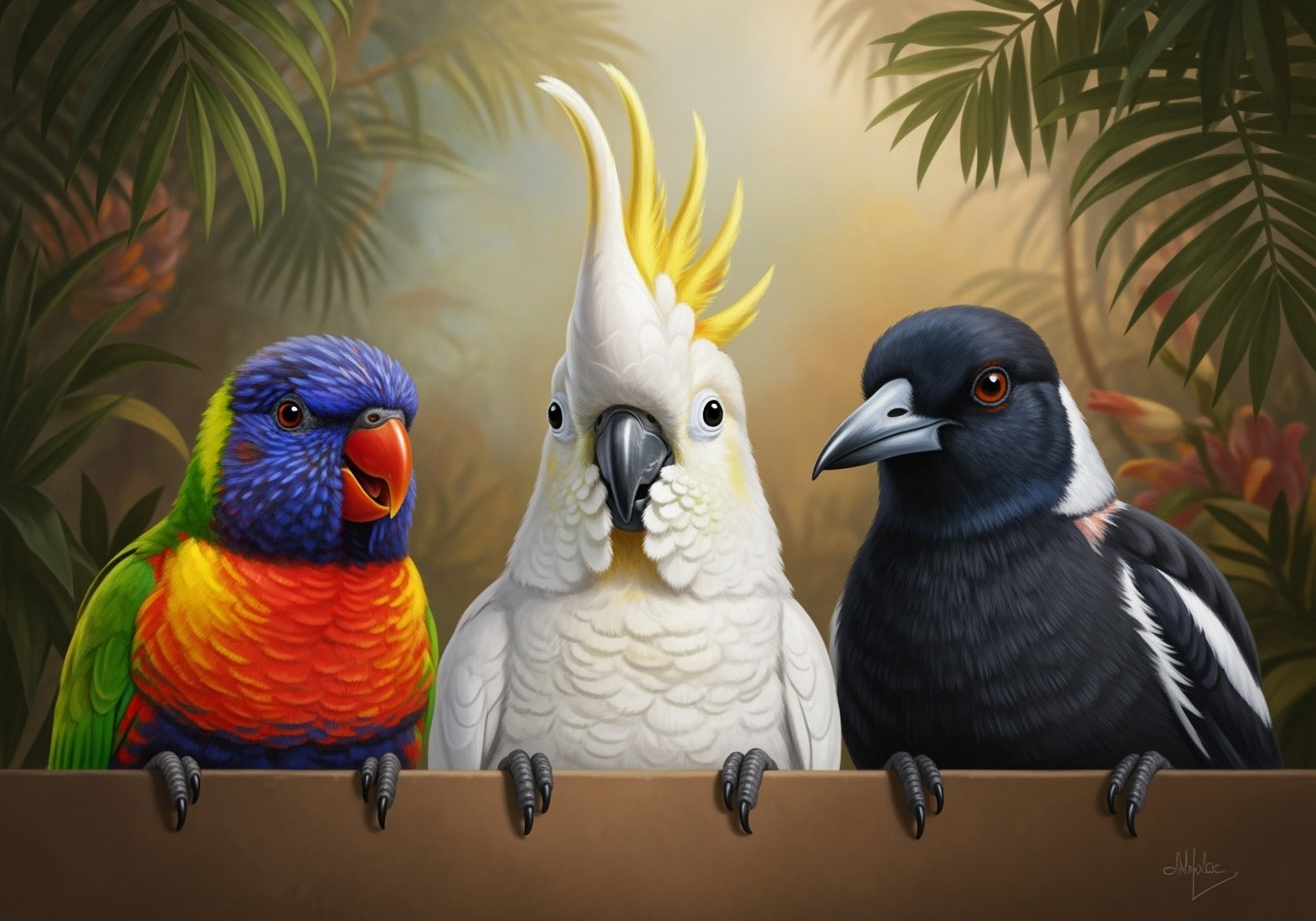 Rainbow Lorikeet, Sulphur crested Cockatoo, Magpie Birds