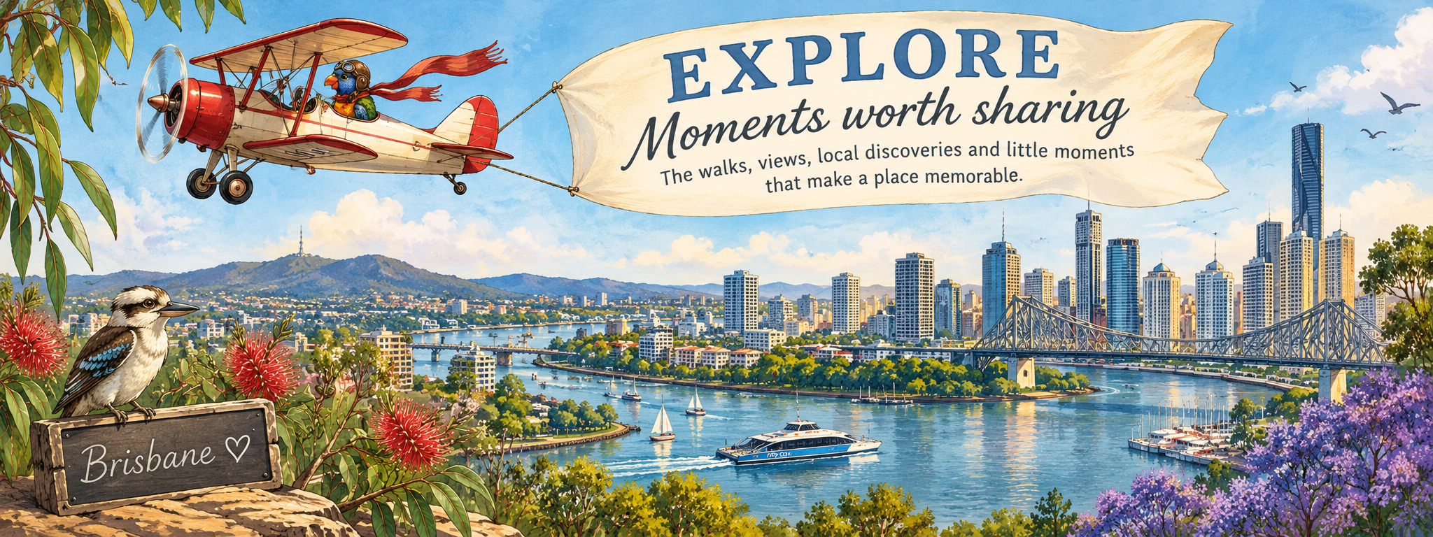 Illustrated Brisbane river scene with Story Bridge, city skyline, Mt Coot-tha, a kookaburra and vintage biplane, promoting local walks, views and discoveries.
