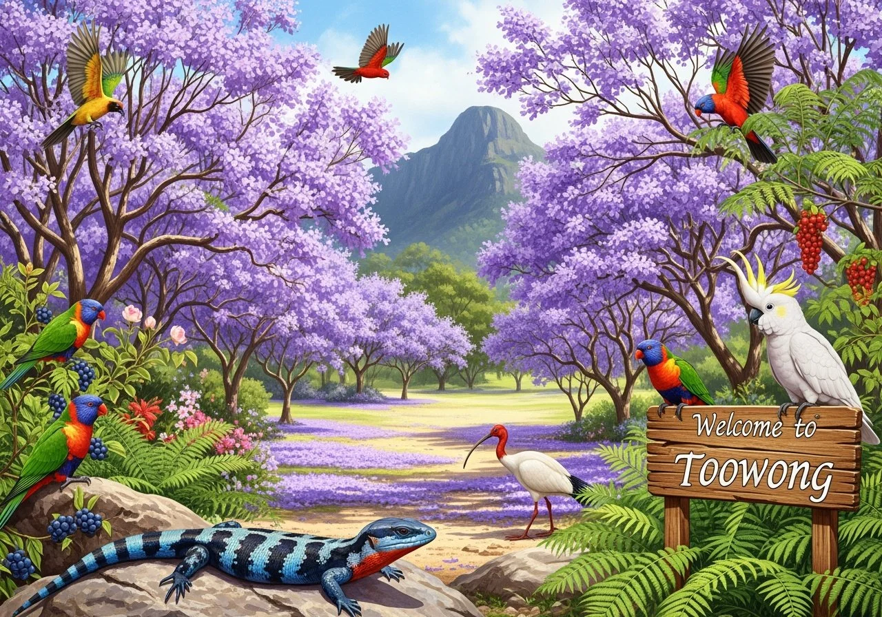 Illustrated Brisbane postcard featuring jacaranda trees, Australian birds and wildlife in Toowong Queensland