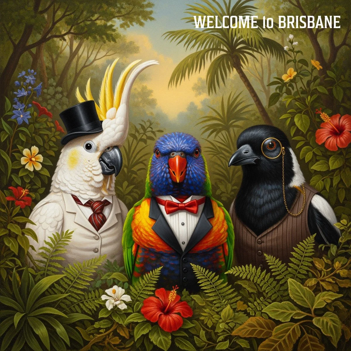 Illustrated Brisbane postcard featuring a sulphur-crested cockatoo, rainbow lorikeet and Australian magpie dressed in formal clothing