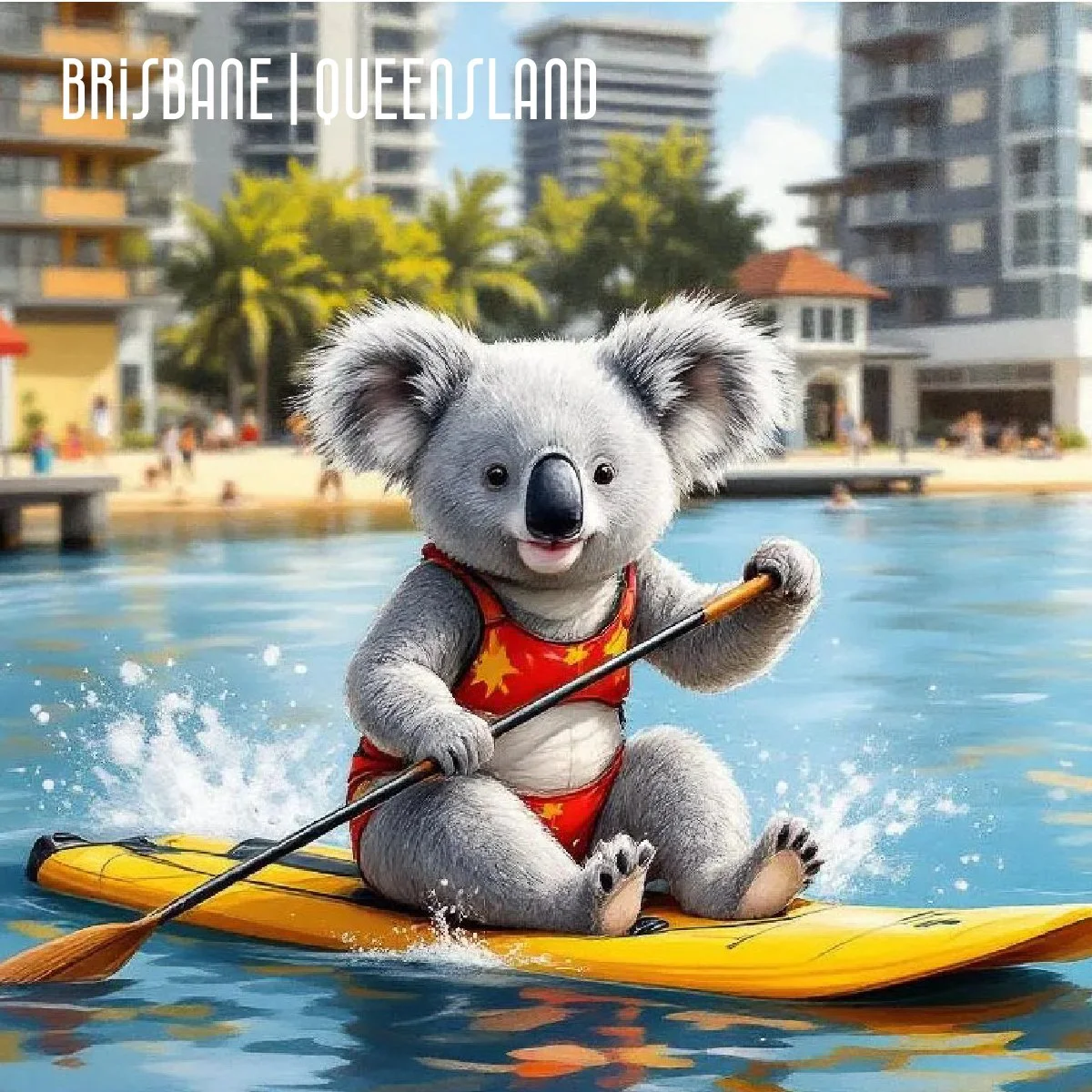 Playful illustrated koala paddleboarding in Brisbane Queensland lagoon setting